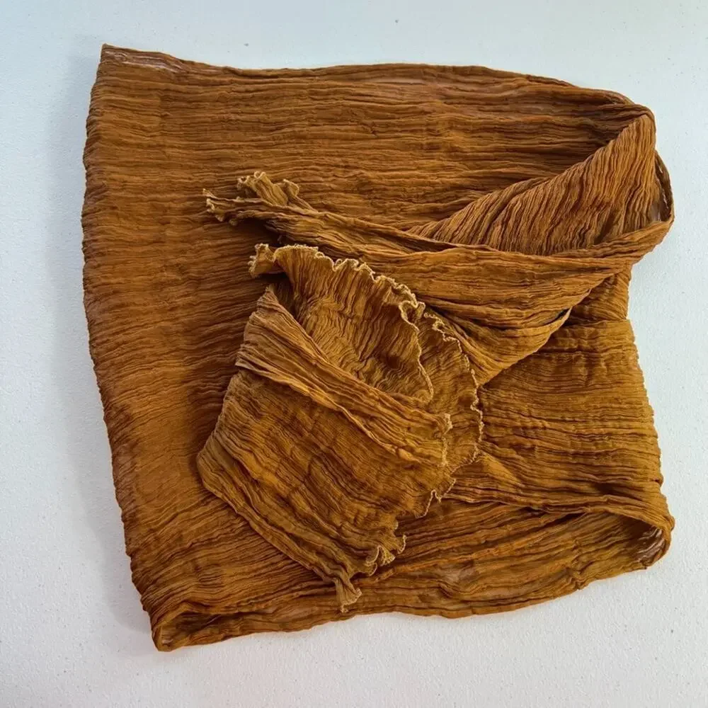 Unbranded Women's Silk Scarf Camel/Gold Sheer Ruffle Rectangle 15